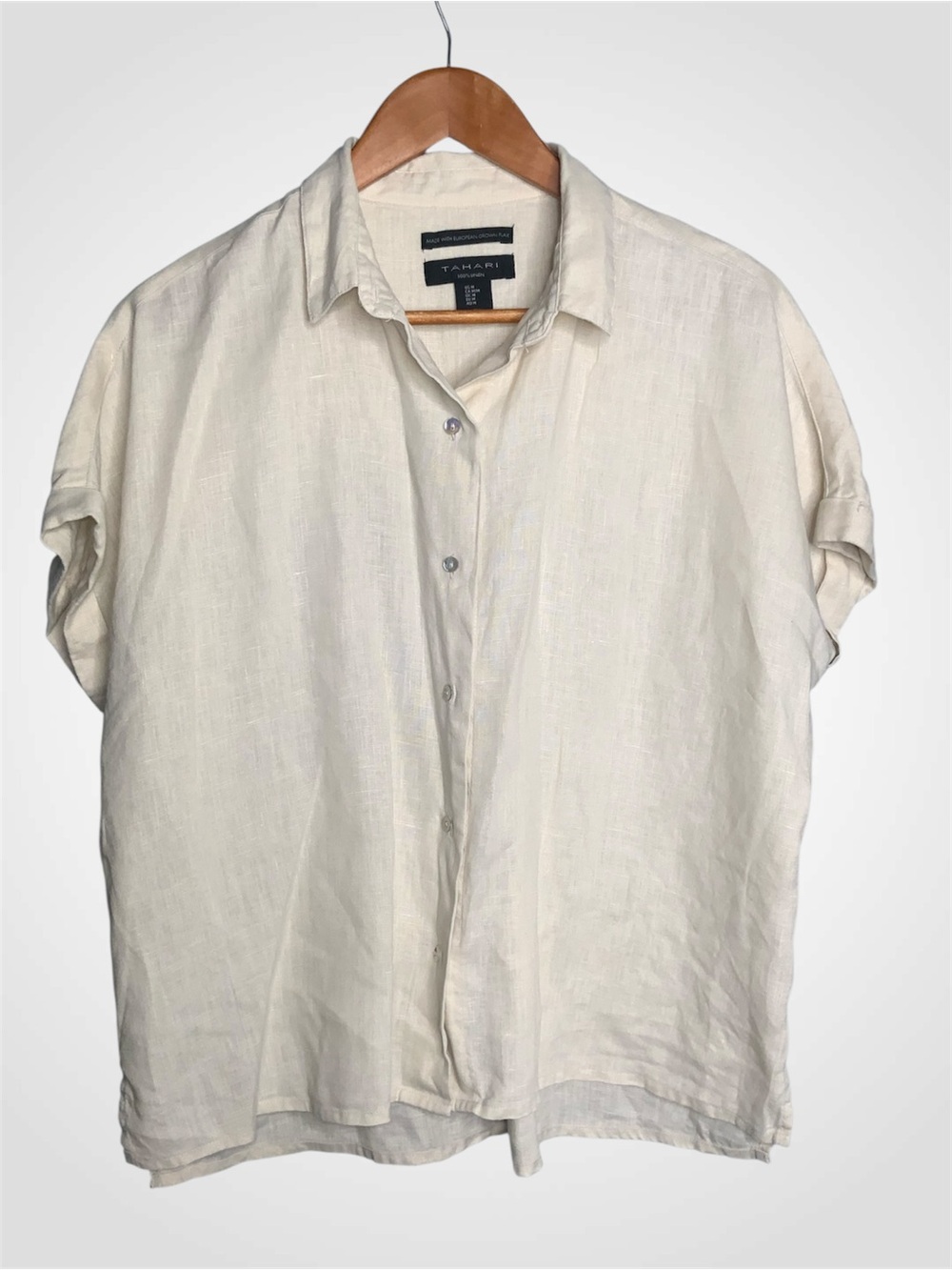 Tahari Cream Short-Sleeve Linen Button-Down Shirt - Medium